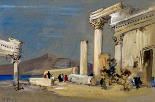 HERCULES BRABAZON BRABAZON (1821-1906) Figures By a Ruined Temple, watercolour and pencil heightened