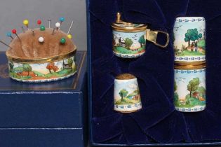 A HALCYON DAYS BILSTON & BATTERSEA ENAMEL SEWING SET, painted in colours with figures in bucolic