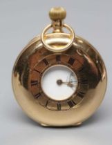 AN 18CT GOLD TOP WIND HALF HUNTER POCKET WATCH, the white enamel dial with black Roman numerals