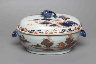 A CHINESE IMARI PORCELAIN TUREEN AND COVER of oval form with pomegranate knop and two rabbit head