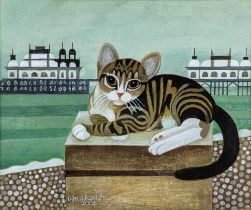 Y ALFRED DANIELS (1924-2015) Cat Resting by a Pier, gouache on board, signed and dated 2004, 10” x