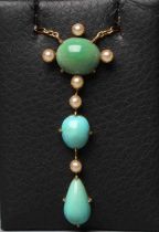 AN ARTS AND CRAFTS NECKLACE, the three shaped cabochon polished turquoise panels claw set with