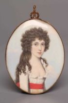 ENGLISH SCHOOL (Late 18th century) A Lady, wearing a white décolleté dress with red sash, oval