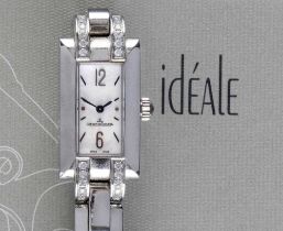 A LADY'S JAEGER-LECOULTRE IDEALE DIAMOND WRISTWATCH, the oblong mother of pearl dial with Arabic