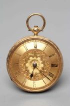 A LATE VICTORIAN 18CT GOLD POCKET WATCH, the engine turned chapter ring with black Roman numerals