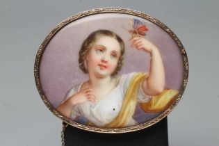 A GERMAN PORCELAIN OVAL PANEL painted in polychrome enamels with a portrait of a young girl