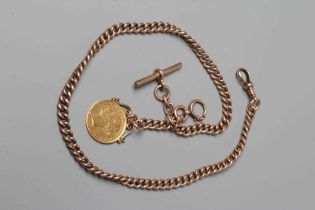 A VICTORIA YH SOVEREIGN, 1884, hard mounted as a fob, pendant from a curb link albert chain with bar