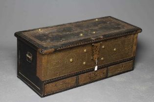 A NORTH AFRICAN EBONY (?) CHEST, c.1900, with brass studwork, the hinged lid with pierced brass