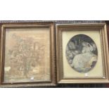 Two framed and glazed early 19thC silk and painted pictures. Oval picture 45 x 39 including frame.