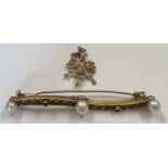 A 9ct gold cultured pearl and ruby set bar brooch together with a 9ct gold and seed pearl pendant.