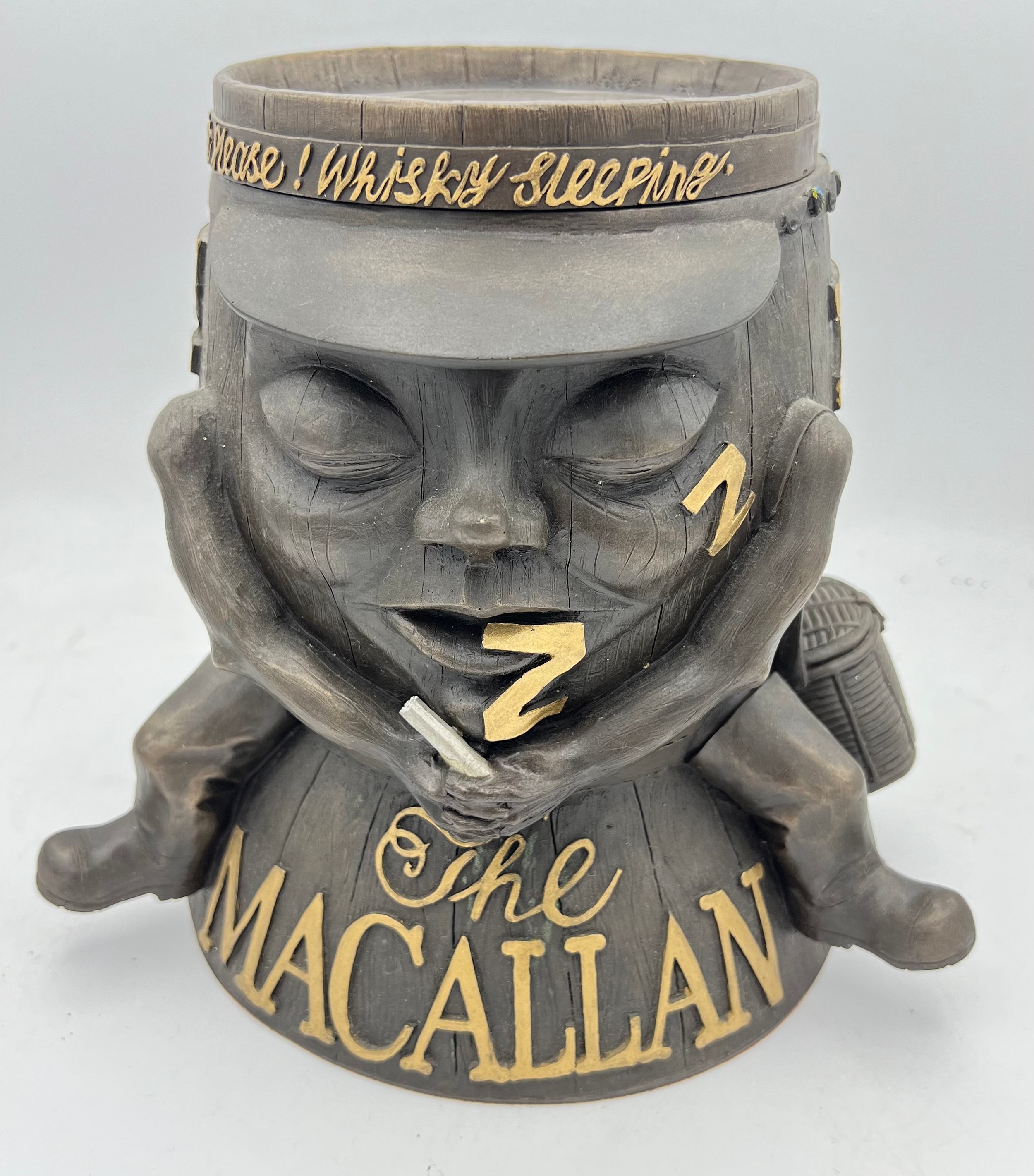 The Macallan sleeping barrel ice bucket, fishing themed advertising piece, item is embossed with “