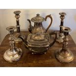 Silver plated items to include Mortons patent candlesticks 21cm h, extending candlesticks, teapot