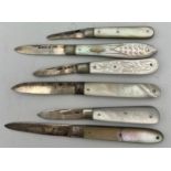 Six silver and mother of pearl penknives including early 19thC. Various dates and makers.