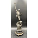 A French Art Nouveau style spelter figure on stand with plaque 49cm h without stand.