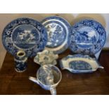 Seven pieces of 19thC blue and white pottery to include two Adams Doctor Syntax plates, pap bowl