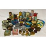 A large collection of tins associated with powder to include "Richard Hudnut" Narcisse dusting