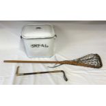 Vintage whip with bone handle, a Lacrosse stick 110cm l and an enamel bread bin 31cm h.