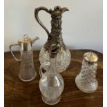 Good quality claret jug with silver plated top 29cm h together with glass jug with plated top, a