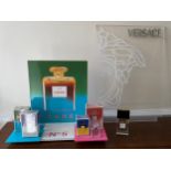 Chanel No. 5 acrylic counter/window shop display with faux bottle and four boxes together with a