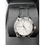 A boxed Christopher Ward men's Trident watch. White dial and leather strap. case diameter measures