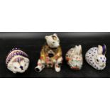 Four Royal Crown Derby paperweights to include: Honey Bear with gold stopper, Meadow Rabbit