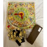 A vintage wooden children's clock jigsaw marked 'Victory' together with a bone and wood set of