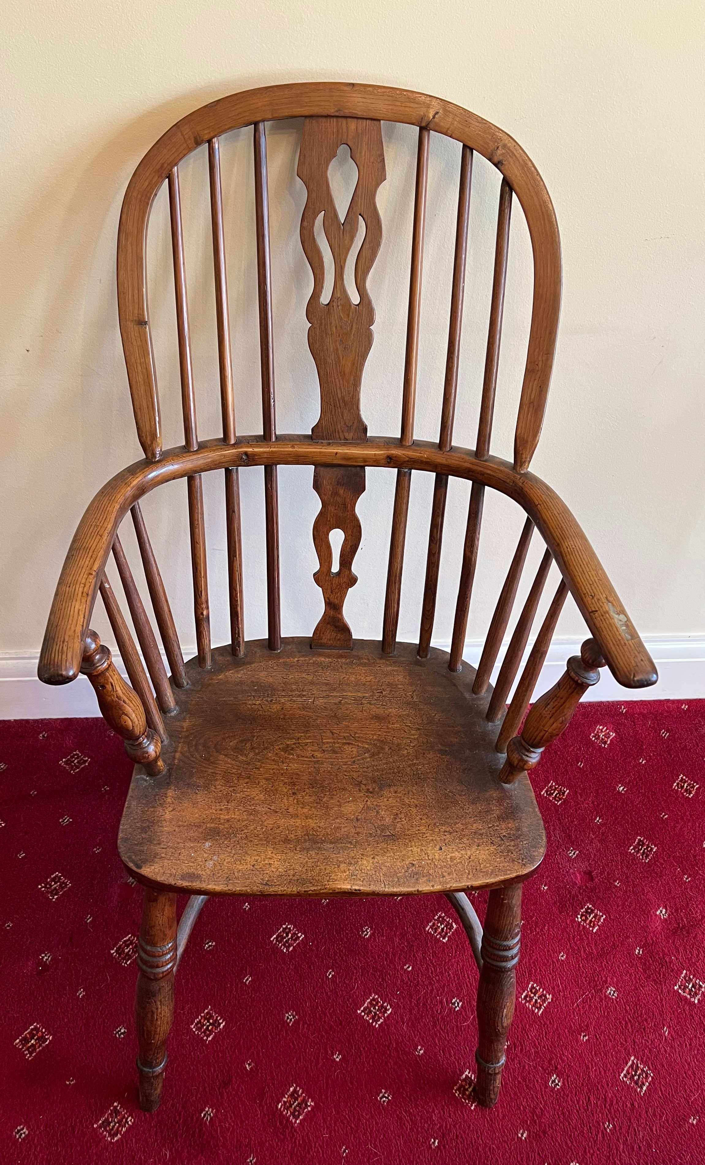 A 19thC Windsor armchair, high back with crinoline stretcher. 100 h x 56cm w. - Image 2 of 3