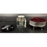 A hallmarked silver navette shaped pin cushion and thimble case marked Chester, small