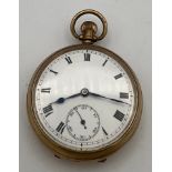A 9 carat gold pocket watch. Weight 81.1gm. Inscribed to inside.