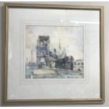 Tom Harland watercolour of dock scene 38 x 42cm.