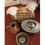 A miscellaneous lot to include copper measure, wooden crate, two painted wall mounted supports,