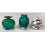 A Mdina glass vase 13cm h, along with a Caithness glass vase 16cm h and a brightly coloured bauble.