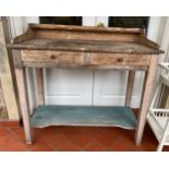 Two drawer beech washstand with upstand and lower shelf. 105cm w x 48cm d x 99cm h.