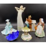 Four Royal Doulton figurines to include The Milkmaid HN2057, Elaine HN3214, Stop Press HN2683,