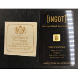 A CPM 999.9 fineness gold ingot, 2021 HM The Queen 95th Birthday 1g Gold Square Ingot, in card mount