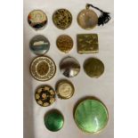 A collection of ladies compacts comprising: two green enamelled, 'Sweet Petals'' sifter box and