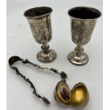 Russian and continental silver to include two miniature goblets 8.5cm h, egg pendant with Virgin