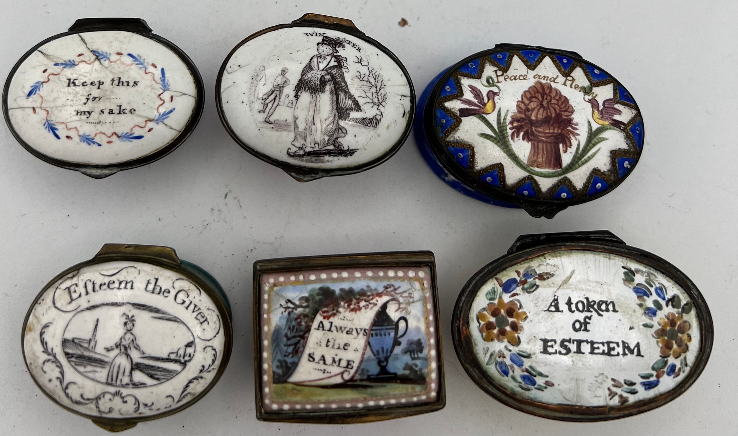 Six various 18thC enamel patch boxes to include Keep This For My Sake, Peace and Plenty, Winter.