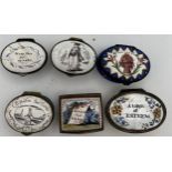 Six various 18thC enamel patch boxes to include Keep This For My Sake, Peace and Plenty, Winter.