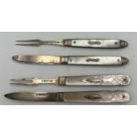 Two pairs of silver and mother of pearl knives and forks. One pair engraved R.M Downes 1808, the