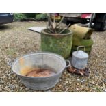 Terracotta plant pot, galvanised bath and drinker and a chimney cowl.