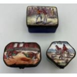 Three 18thC enamel patch boxes of gentleman's past time, Cock Fighting, Wrestling and The Hobby
