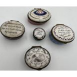 Five 18thC enamel patch boxes, four with inscriptions to include, ‘Esteem the Giver’, ‘The higher we