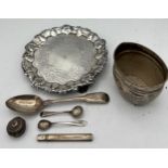 Hallmarked silver to include card tray 17cm d London 1832, sugar bowl, spoons, needle case etc.