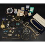 A collection of costume jewellery to include earrings, necklaces, bracelets and pins etc.