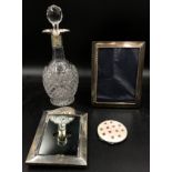 Glass decanter 31cm h with an ornate silver collar Sheffied 1922, maker Hammond, Creake & Co (