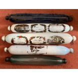 Five 19thC glass rolling pins some depicting Sunderland Bridge and sailing ships. Longest 46cm.