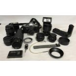 A camera bag and accessories to include a Pentax MX camera, Pentax-M 40mm, Miranda 35-70mm,