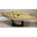 Early 20thC English pond boat/model ship on stand. measures approx. 87 l x 30 w x 37cm h.