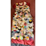 A 19thC silk patchwork dress with sash ‘My Great Aunt’s Legacy’. 133cm l.
